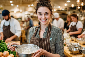 Happy baker mixing ingredients in a, a Photo by Pixeness Studio