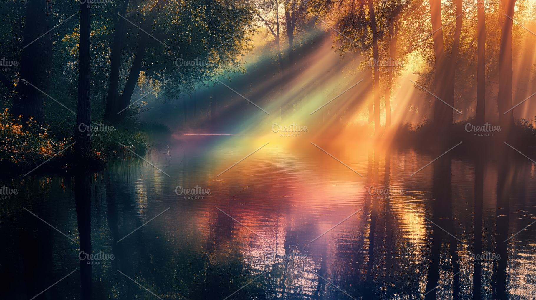 A serene forest scene with sunlight filtering through trees, casting colorful r, a Photo by Textures & Backgrounds