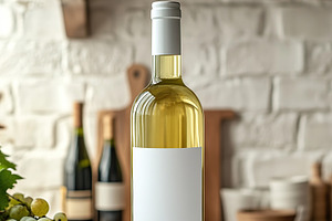 White wine bottle with blank label placed on kitchen counter surrounded by fres, a Food & Drink Photo by AlyaAnd