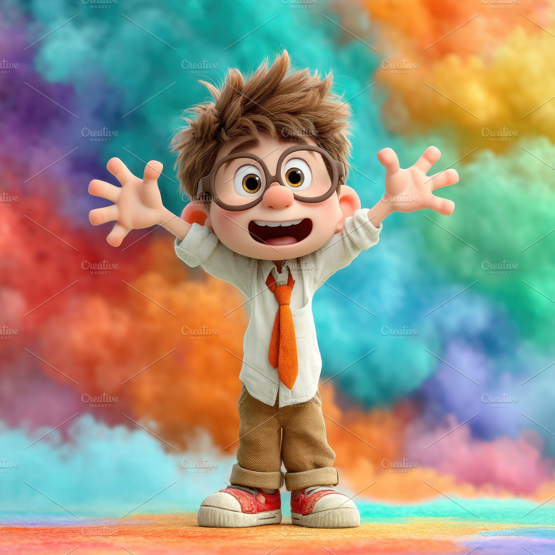 Cute cartoon boy with glasses white shirt orange tie and brown p, a Person Photo by José Manuel Gelpi