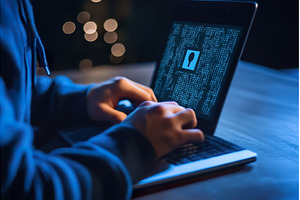 Person types code with security key, a Technology Photo by Lermont51