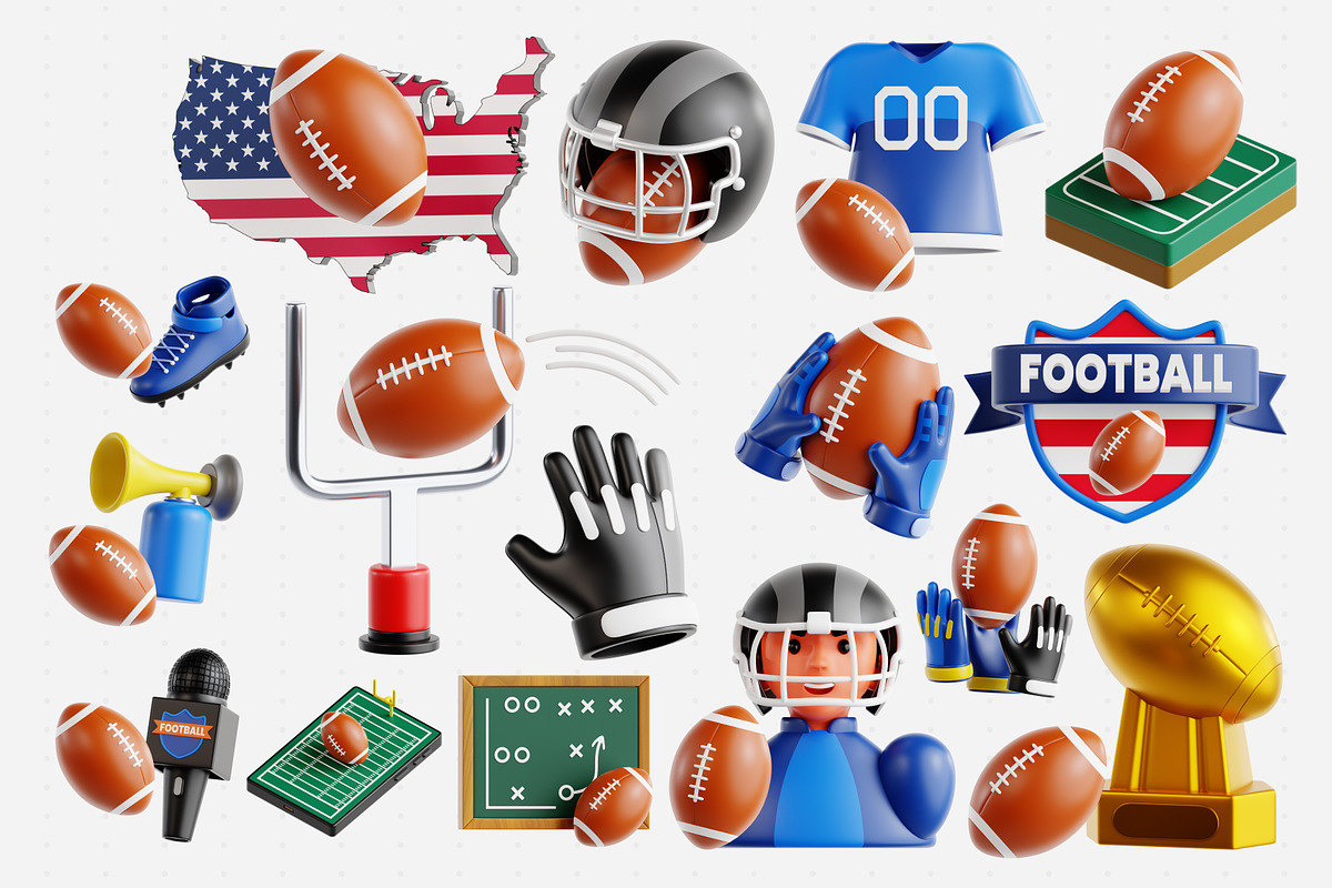 American Football 3D Icon Set, an Object 3D Model by Eklip Studio (Photo 2 of 2)