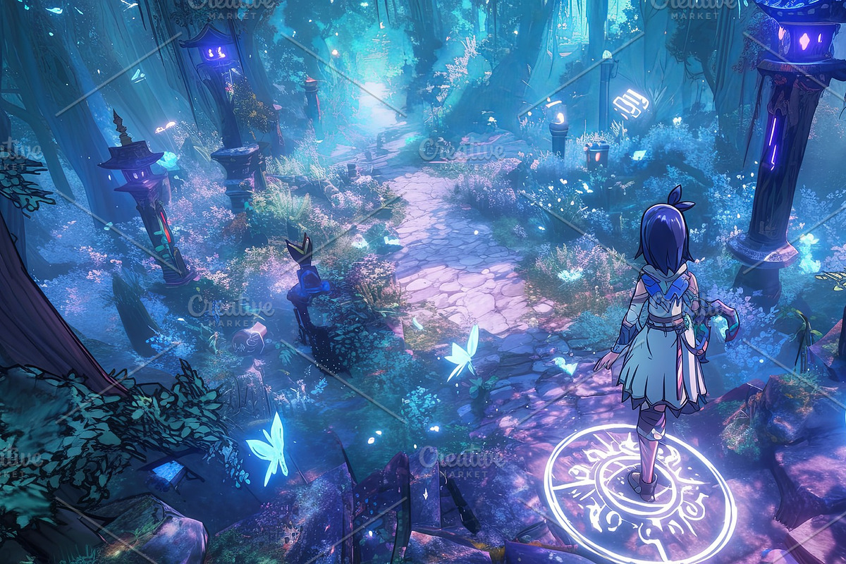 Enchanting forest with glowing elements and a character on a mystical journey, an Illustration by AS photostudio