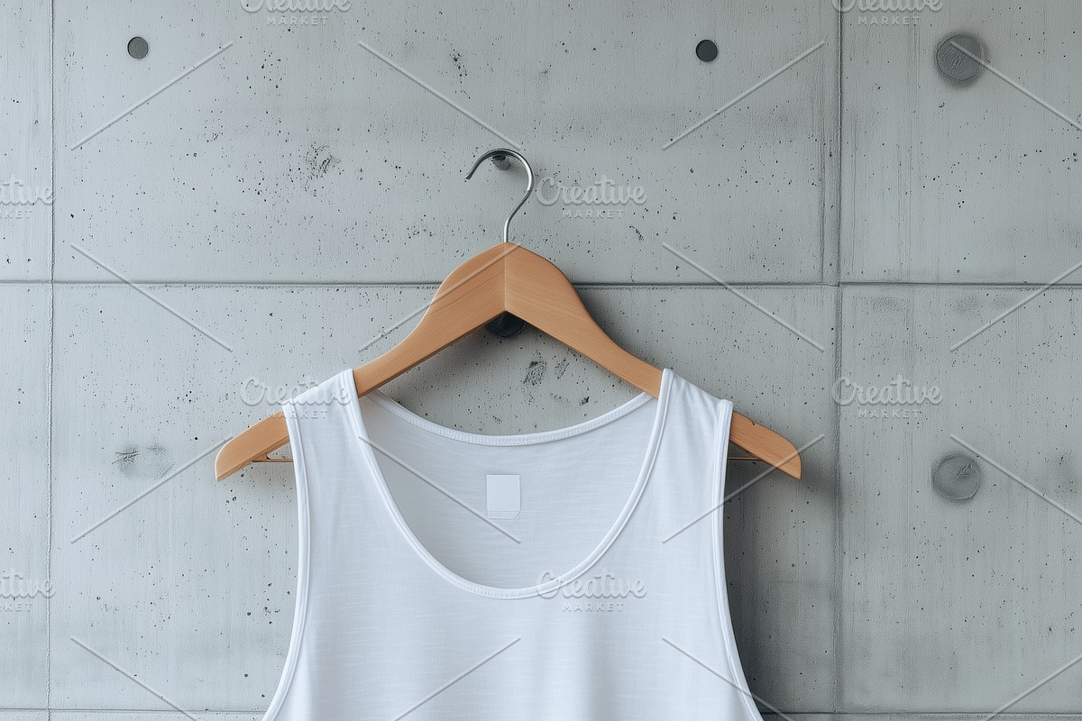 A plain white tank top mockup hanging on a wooden hanger against a concrete wal, a Shirt Mockup by Textures & Backgrounds