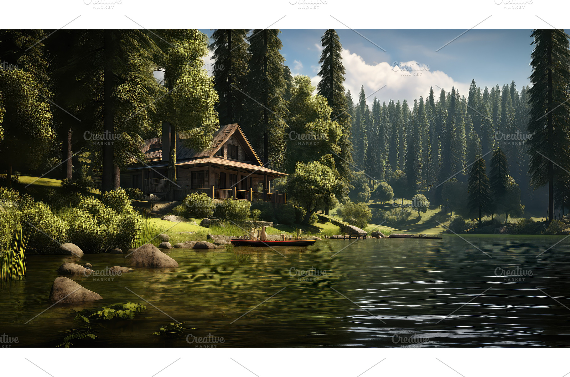 peaceful cabin on the lake ai, a Nature Photo by pikepicture
