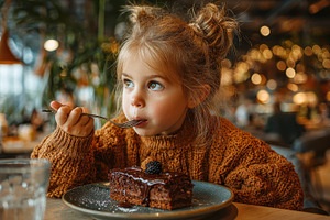 Cute girl enjoying chocolate cake in, a Photo by Pixeness Studio