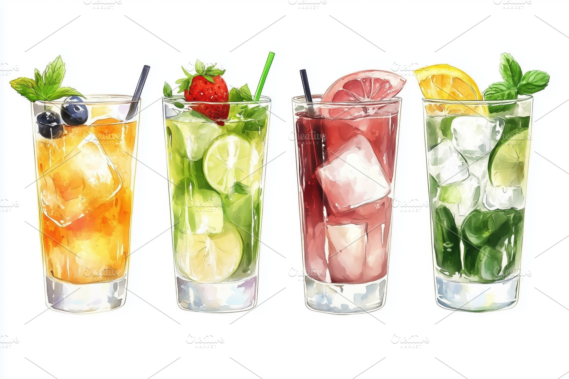 A colorful assortment of four refreshing cocktails in tall glasses. The ...