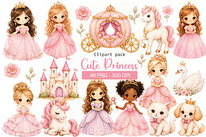 Pink Princess Watercolor Cliparts