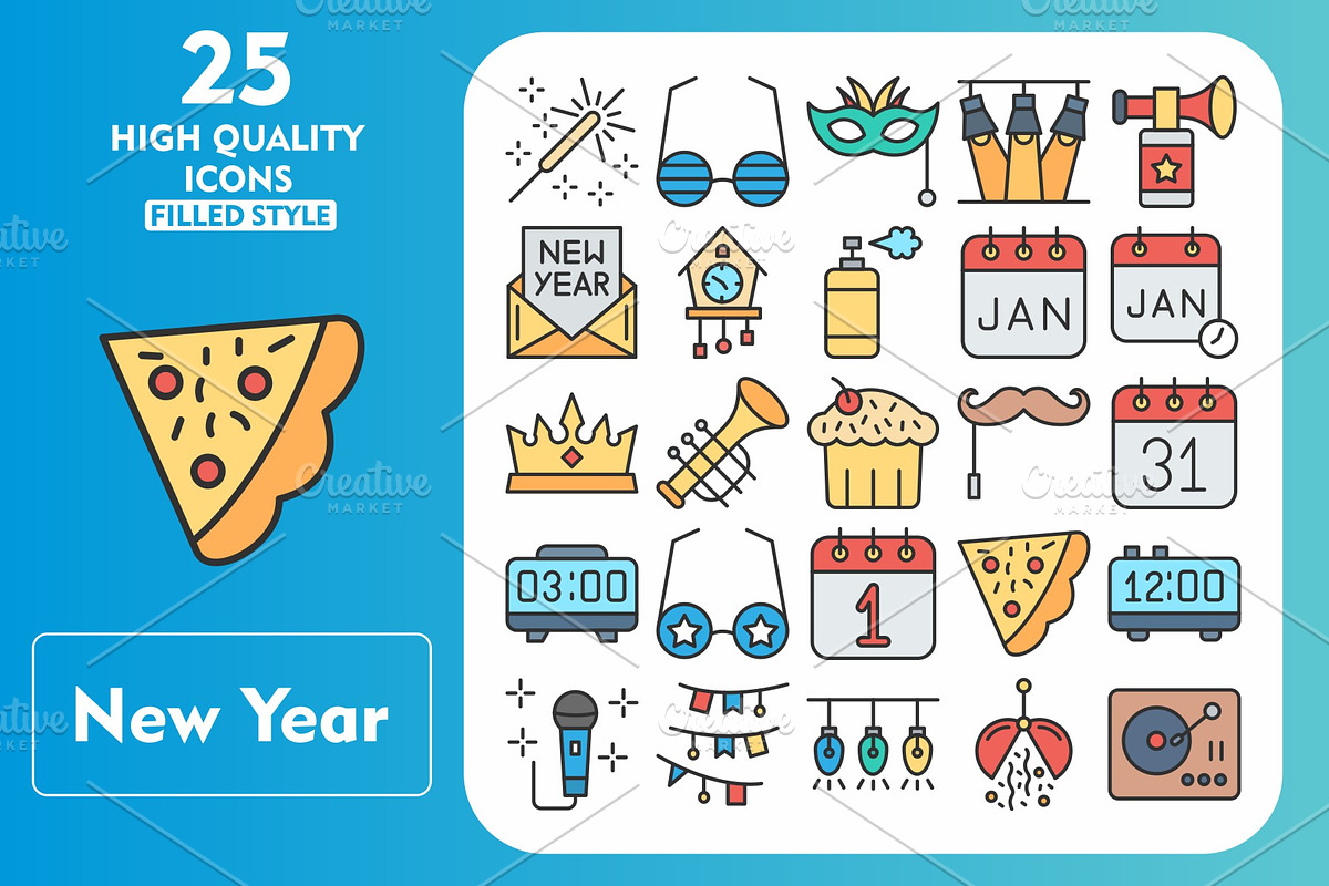 25 New Year Line Filled Icons, an Icon by Pexelpy