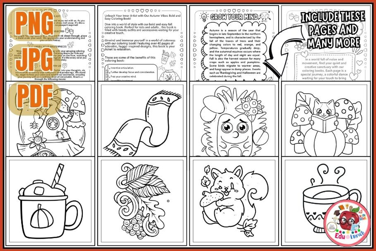 Cozy Autumn Vibes Coloring Pages, a Seasonal Illustration by EduEnrich (Photo 2 of 3)