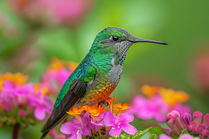 Vivid hummingbird perched on vibrant flowers in lush green surroundings, a Photo by AS photostudio