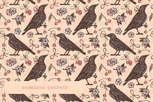 Cherry Crows. Seamless Patterns