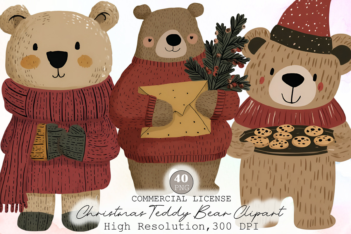 Watercolor Christmas Teddy Bear Clip, an Animal Illustration by Sublimation Artist (Photo 1 of 6)