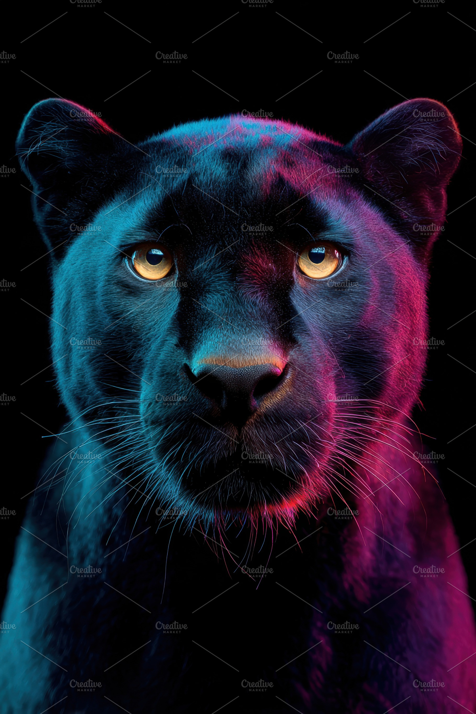 Close-up portrait of a black panther with vibrant background, an Animal Photo by AlyaAnd