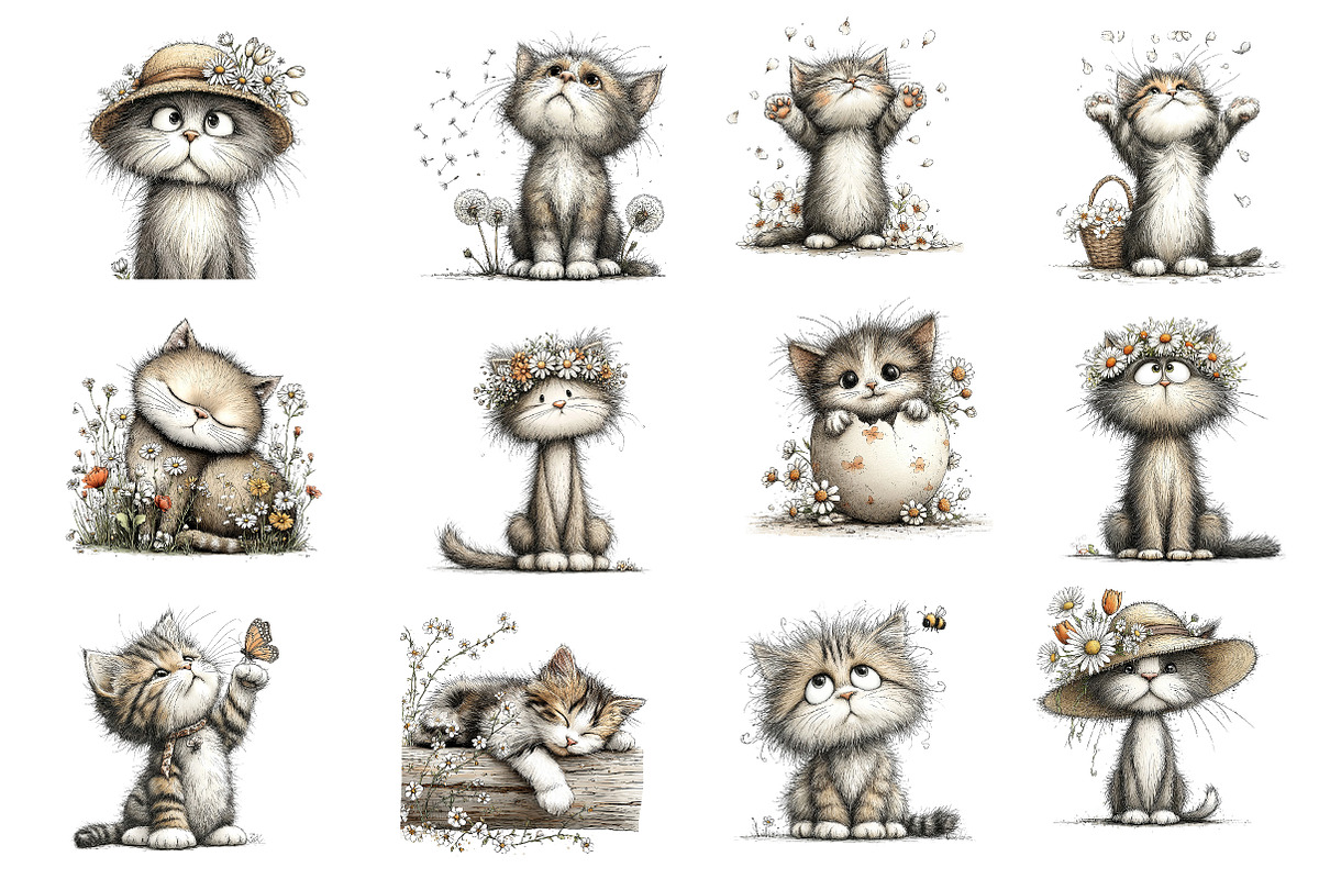 Spring Cat Whimsical Clipart Bundle, an Illustration by Dream Creation (Photo 2 of 6)