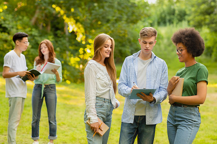 Campus Life. College Students Spendi, a Photo by Prostock-Studio