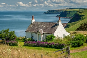 White cottage standing on a coastal cliff overlooking the calm s, a Photo by Studio ANNA