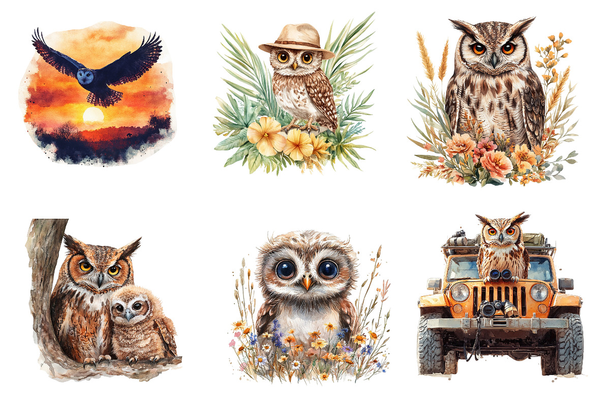 Watercolor Safari Owl Clipart, an Illustration by CreationArt (Photo 3 of 5)