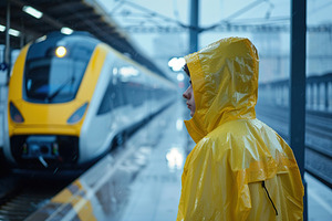 Man in raincoat standing at rail station platform waiting for a, a Photo by AlyaAnd