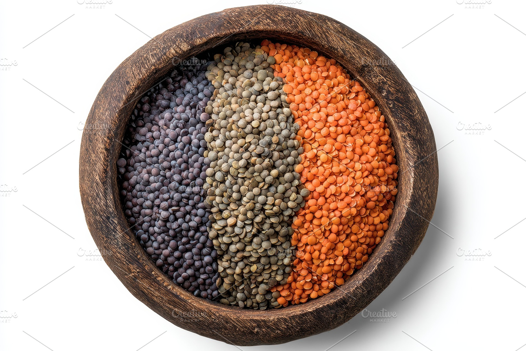 Assorted lentils in a wooden bowl he, a Photo by Pixeness Studio