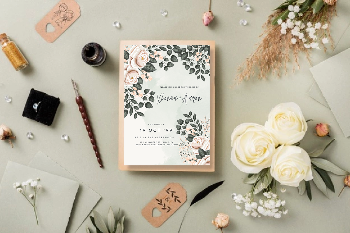 Pink Flowers Grey Leaves Invitation, an Invitation Template by Weddinginvitation by Fati (Photo 3 of 3)