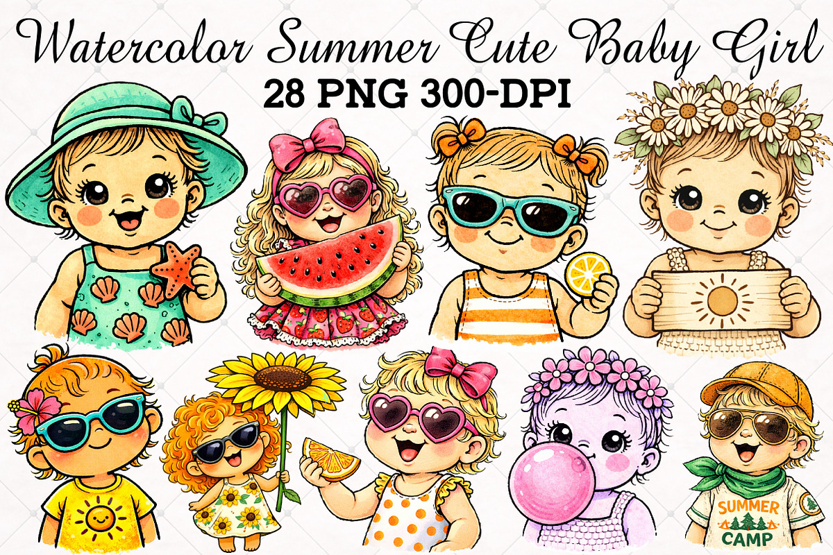 Watercolor Summer Cute Baby Girl PNG, an Illustration by RobertsArt (Photo 1 of 5)