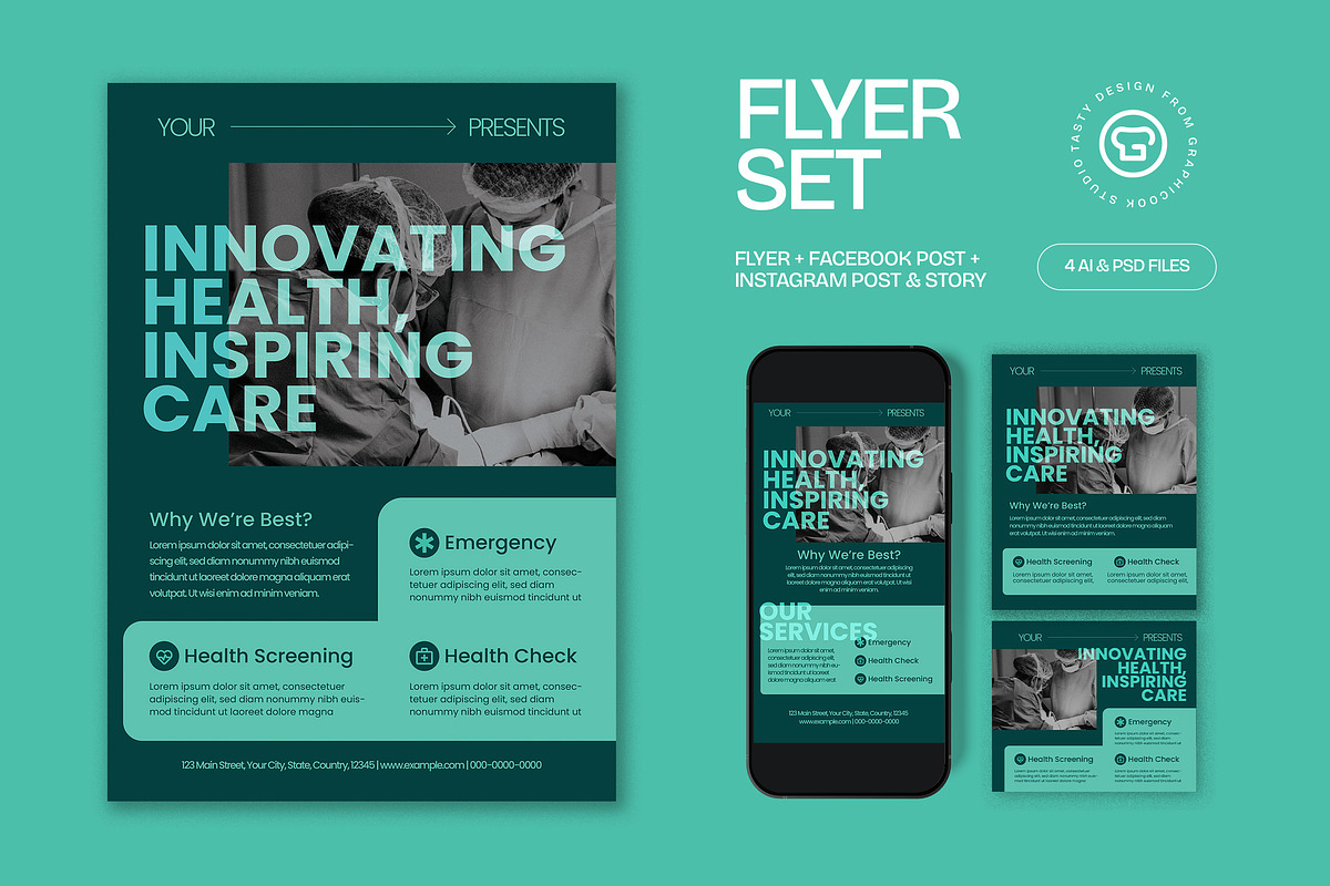 Green Utilitarian Hospital Flyer Set, a Flyer Template by graphicook (Photo 1 of 3)