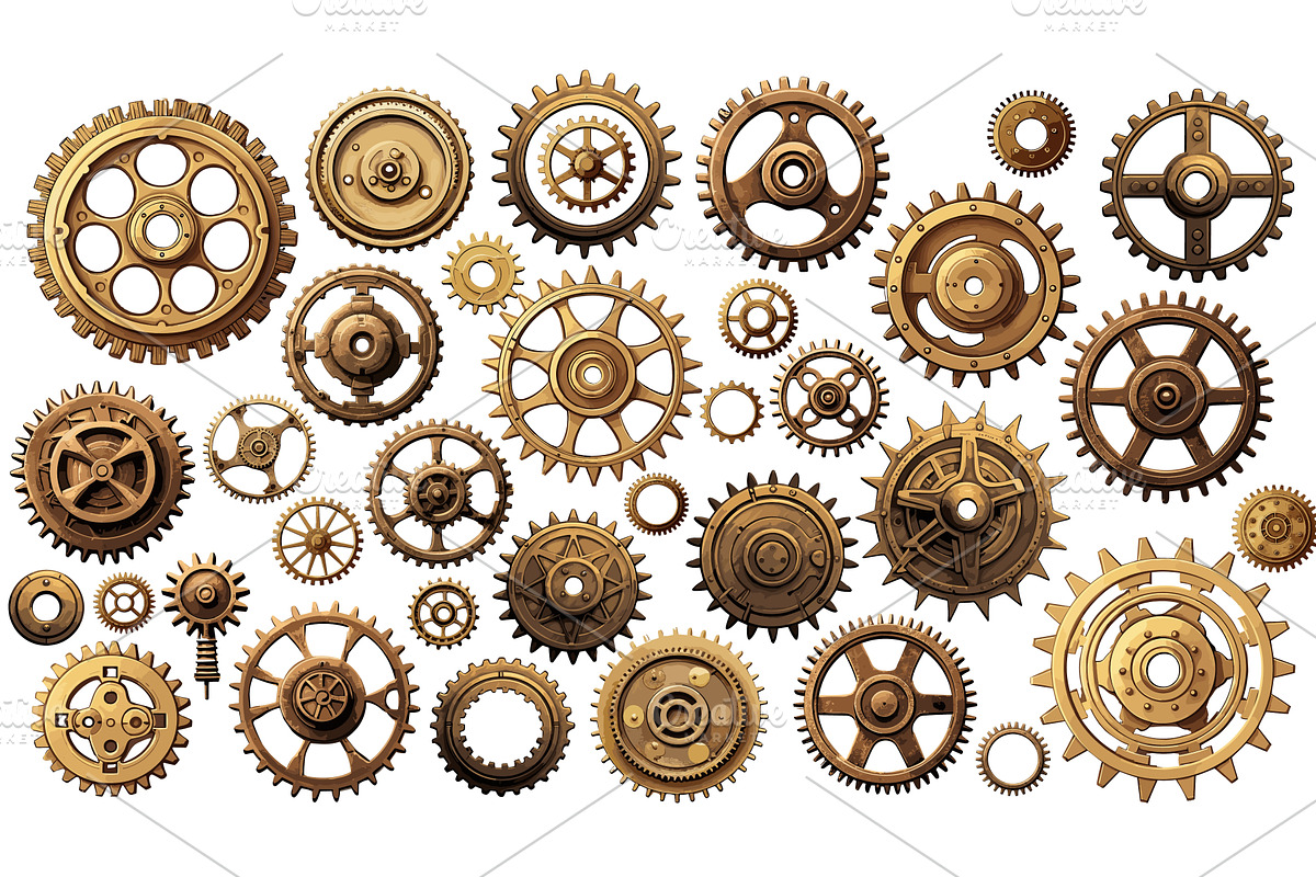 Old brass metal gears.Vintage bronze, an Illustration by LadadikArt