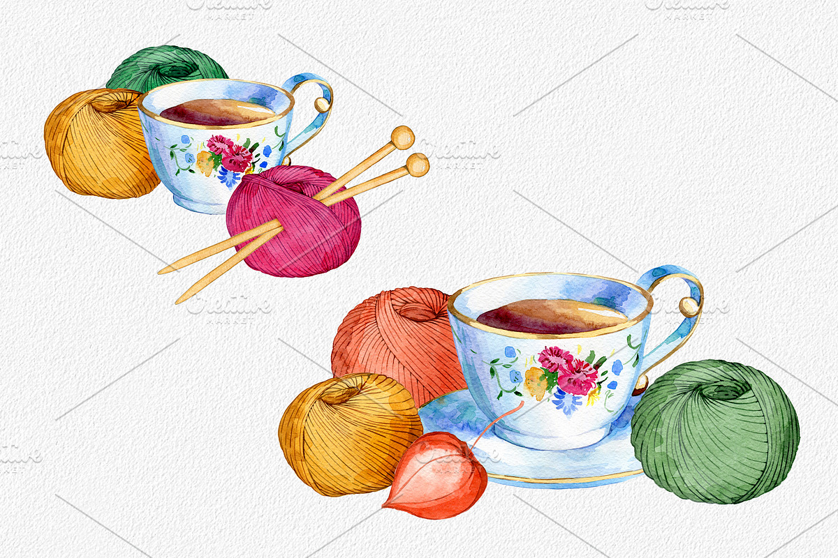 Hand drawn watercolor knittig set, an Illustration by OlyaSenko (Photo 6 of 6)