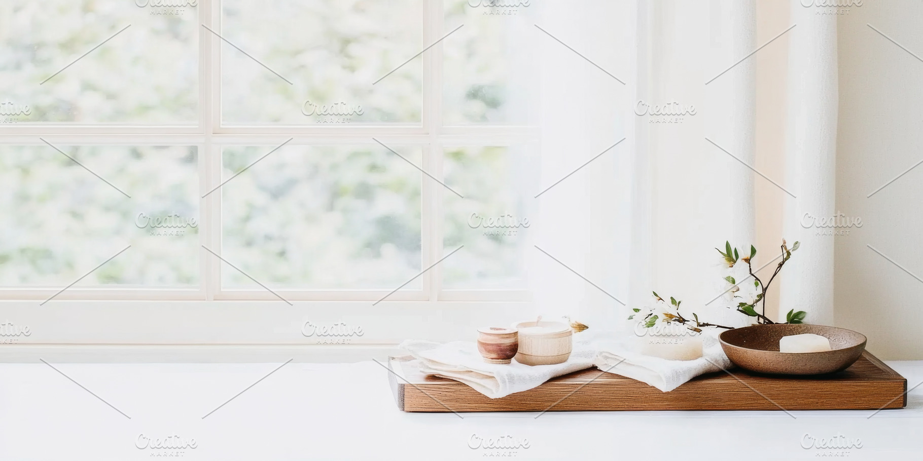 Japandi style spa soap, candles and flowers on wooden tray by wi, a Photo by Dvoevnore photos
