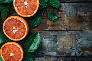 Fresh grapefruit with green leafs and copyspace for text on wooden table, a Food & Drink Photo by AlyaAnd