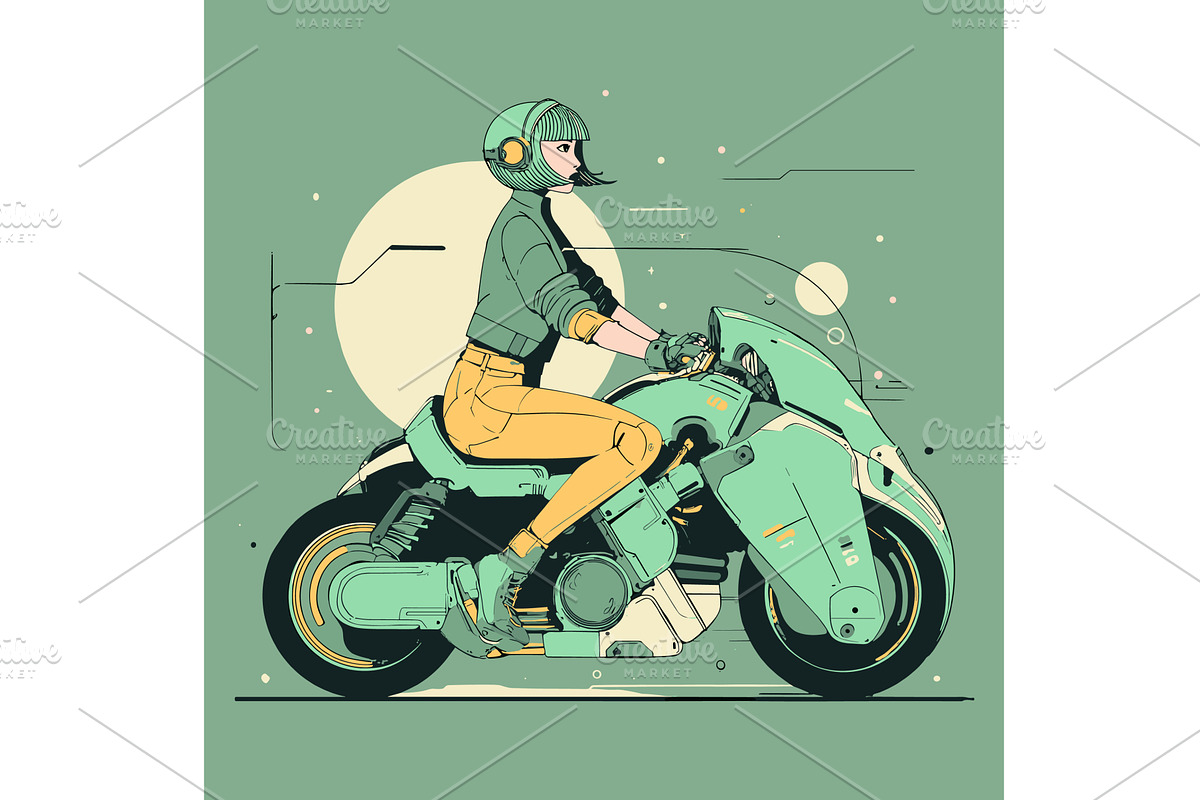 Stylish biker girl on motorcycle, an Object Illustration by Valerie Bodnar