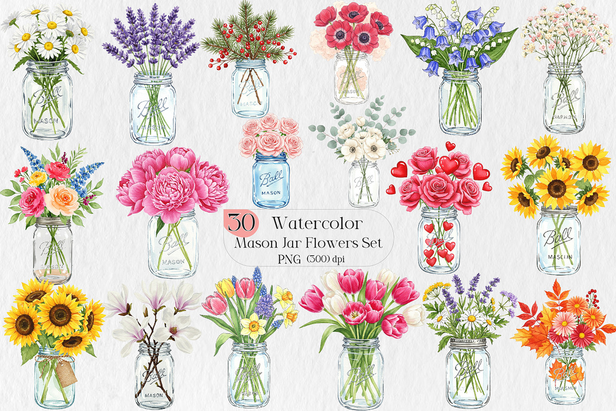 Watercolor Mason Jar Flowers Set, an Illustration by Creative Art (Photo 1 of 9)