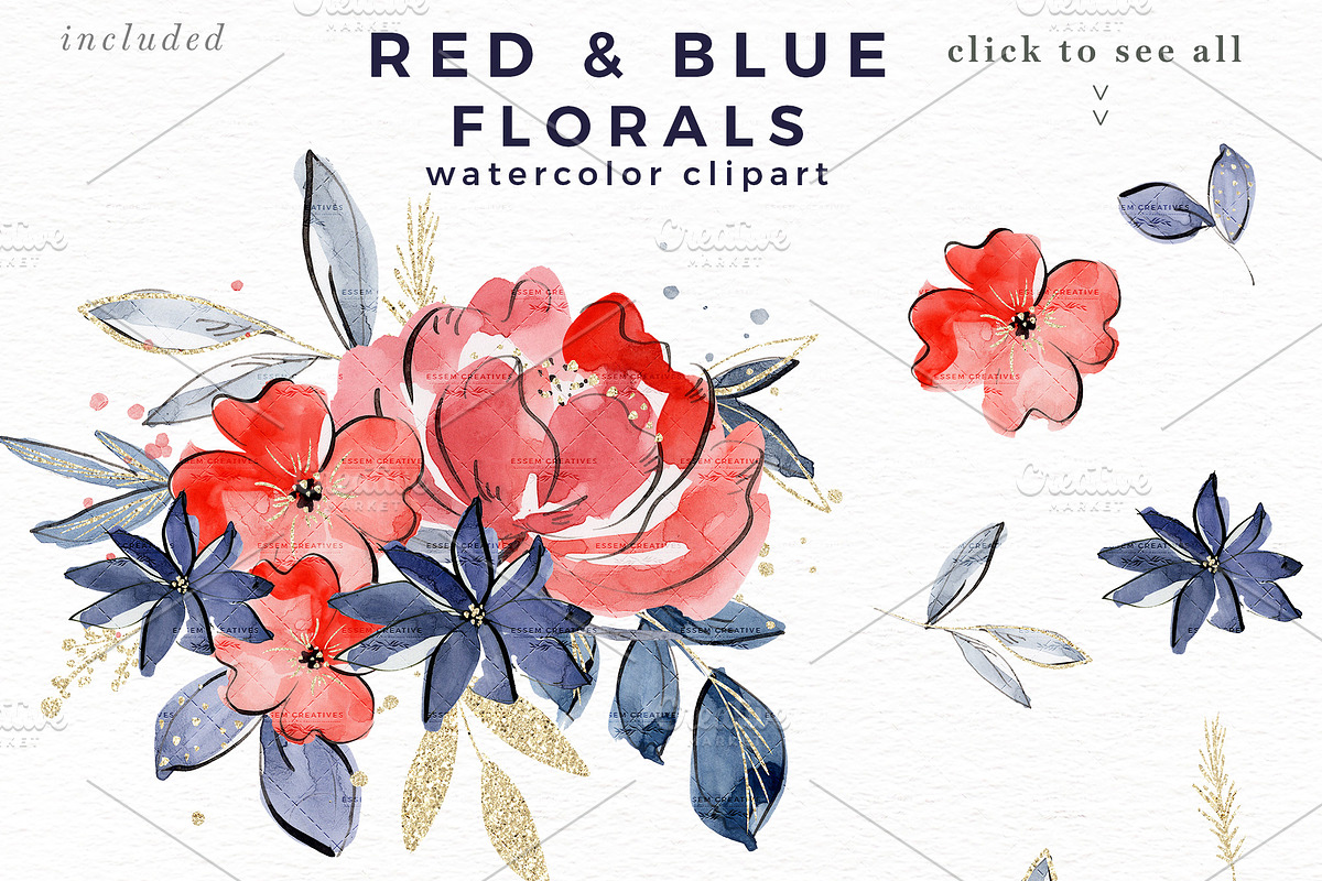 Red Blue Watercolor Floral Clipart, an Illustration by Essem Creatives (Photo 2 of 3)