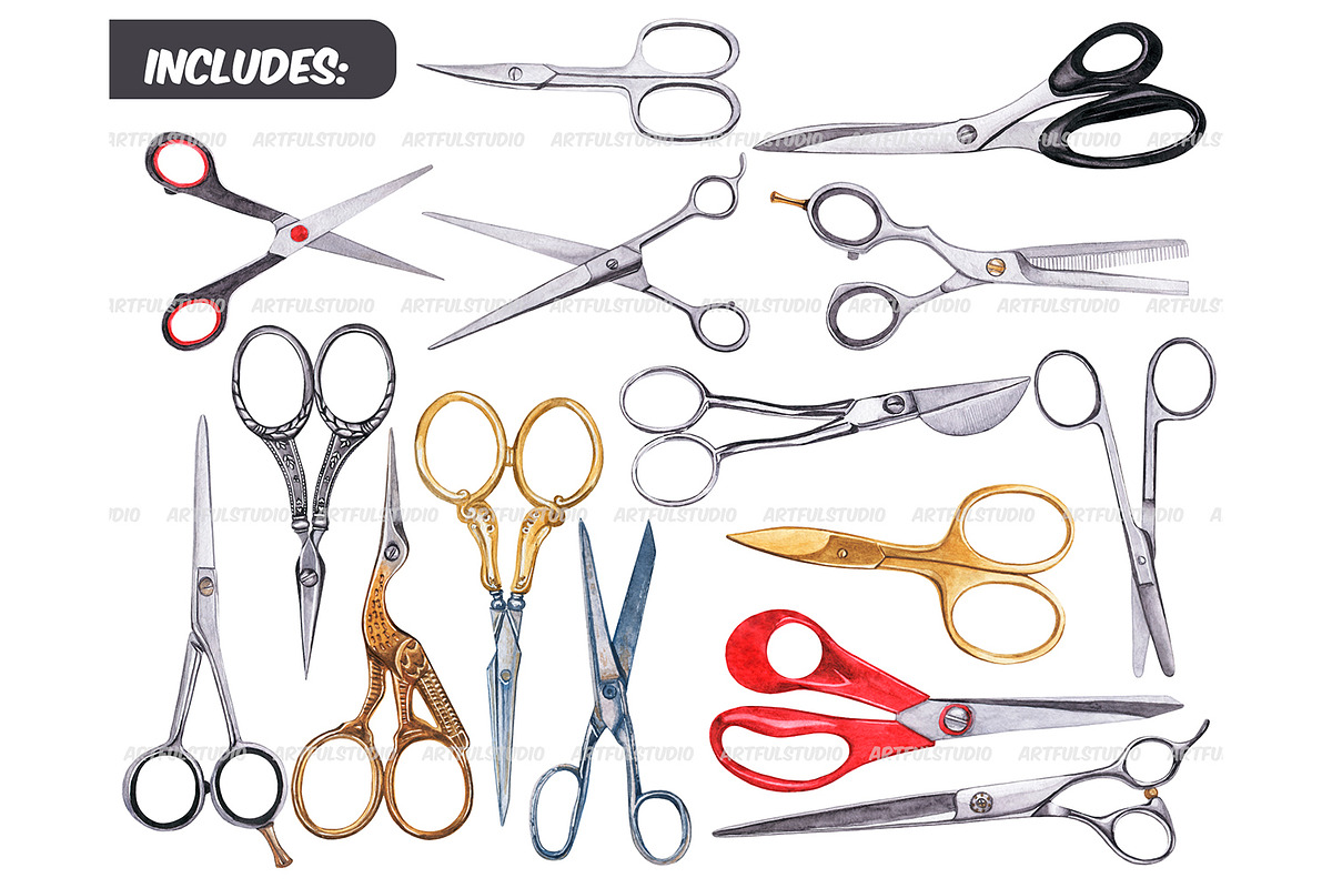 Watercolor vintage scissors clipart, an Object Illustration by ArtfulStudio (Photo 2 of 8)