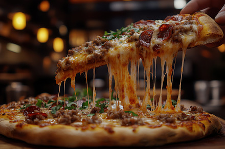 Delicious Pizza Slice with Melted Ch, a Background Photo by Pixeness