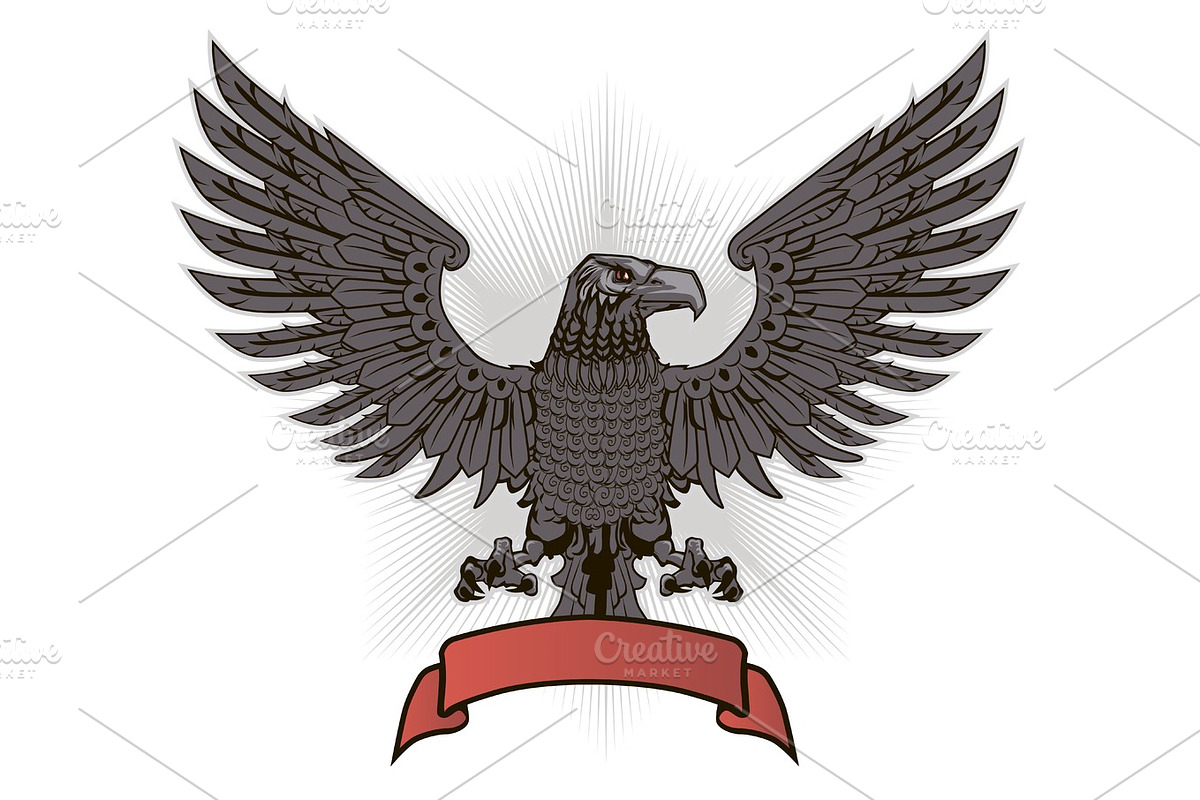 Eagle with wings and red ribbon, an Animal Illustration by Mak_Art