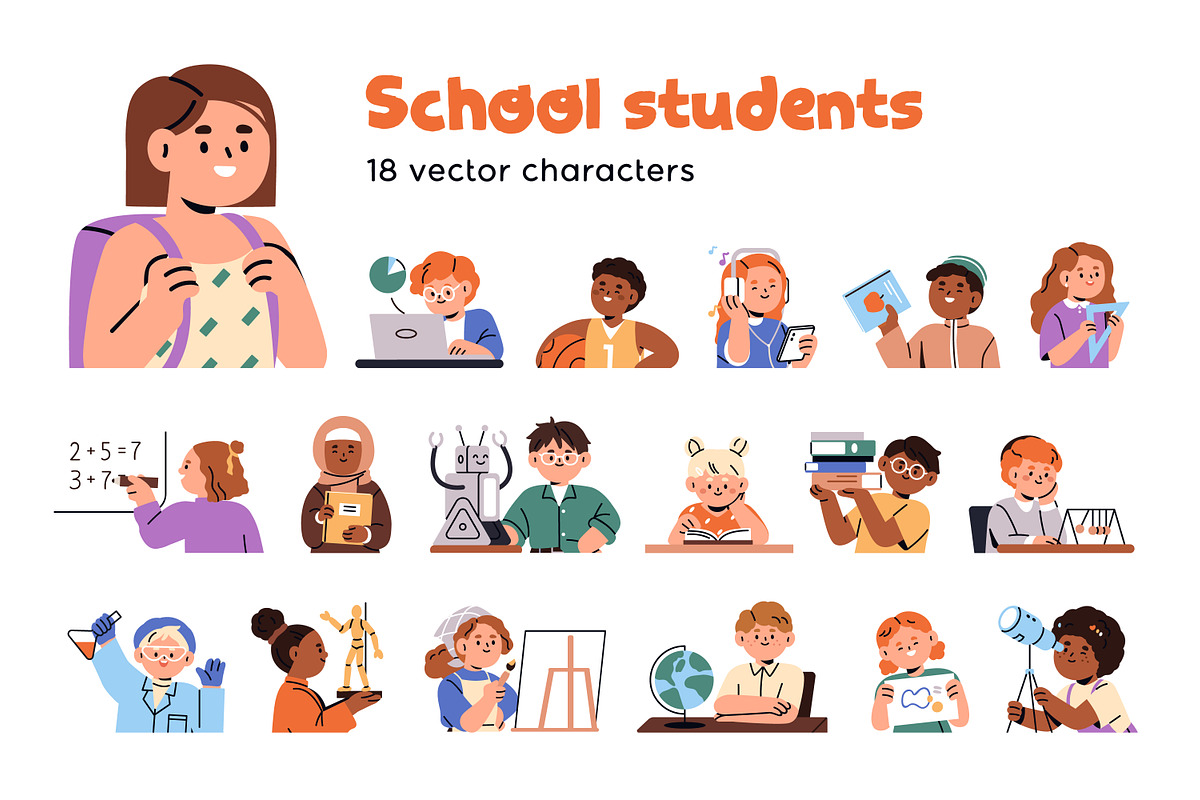 Kids students study at school set, an Education Illustration by Good Studio (Photo 1 of 16)