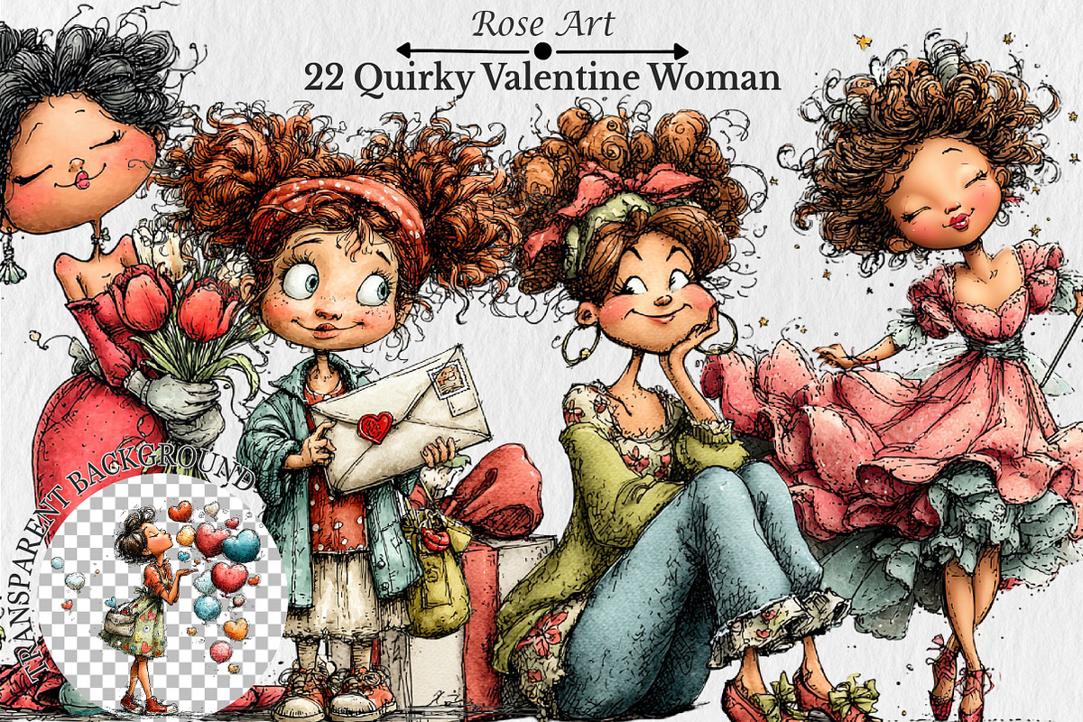 Quirky Valentine Day Woman Clipart, a Seasonal Illustration by Rose Art (Photo 1 of 6)