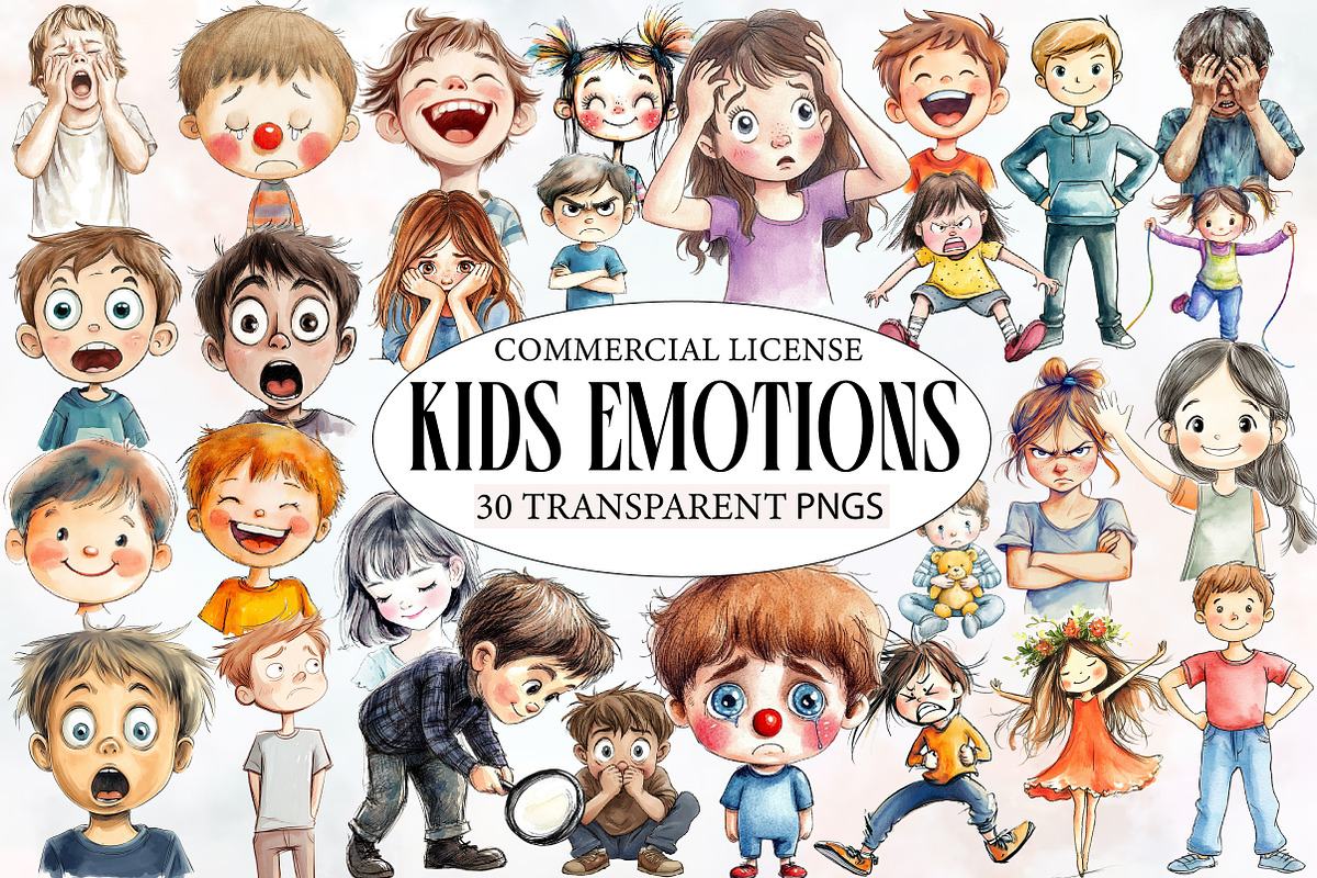 watercolor Kids Emotions Clipart, an Illustration by Designworld (Photo 1 of 5)