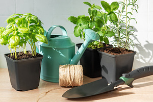 Growing fresh herbs indoors, home gardening setup, a Food & Drink Photo by Olena Rudo