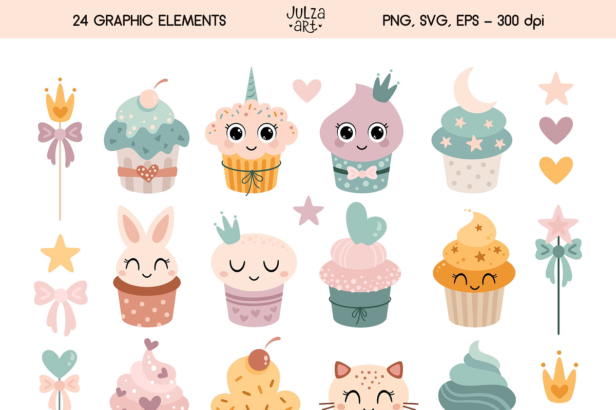 Cupcakes clipart & patterns, a Food Illustration by JulzaArt (Photo 2 of 9)