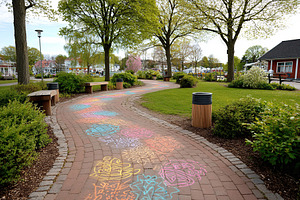 Vibrant chalk art on a winding pathway in a park filled with greenery and trees, a Photo by AlyaAnd
