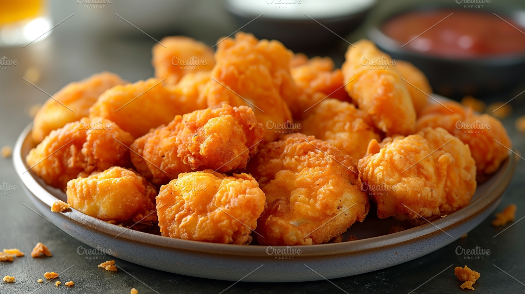Golden crispy fried chicken pieces on a rustic plate, perfect fo, a Food & Drink Photo by ImageMir