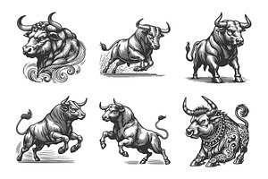 Bull in Dynamic Pose engraving, an Animal Illustration by AlexArt
