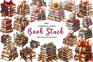 Autumn Bow Book Stack Clipart, an Illustration by CreationArt
