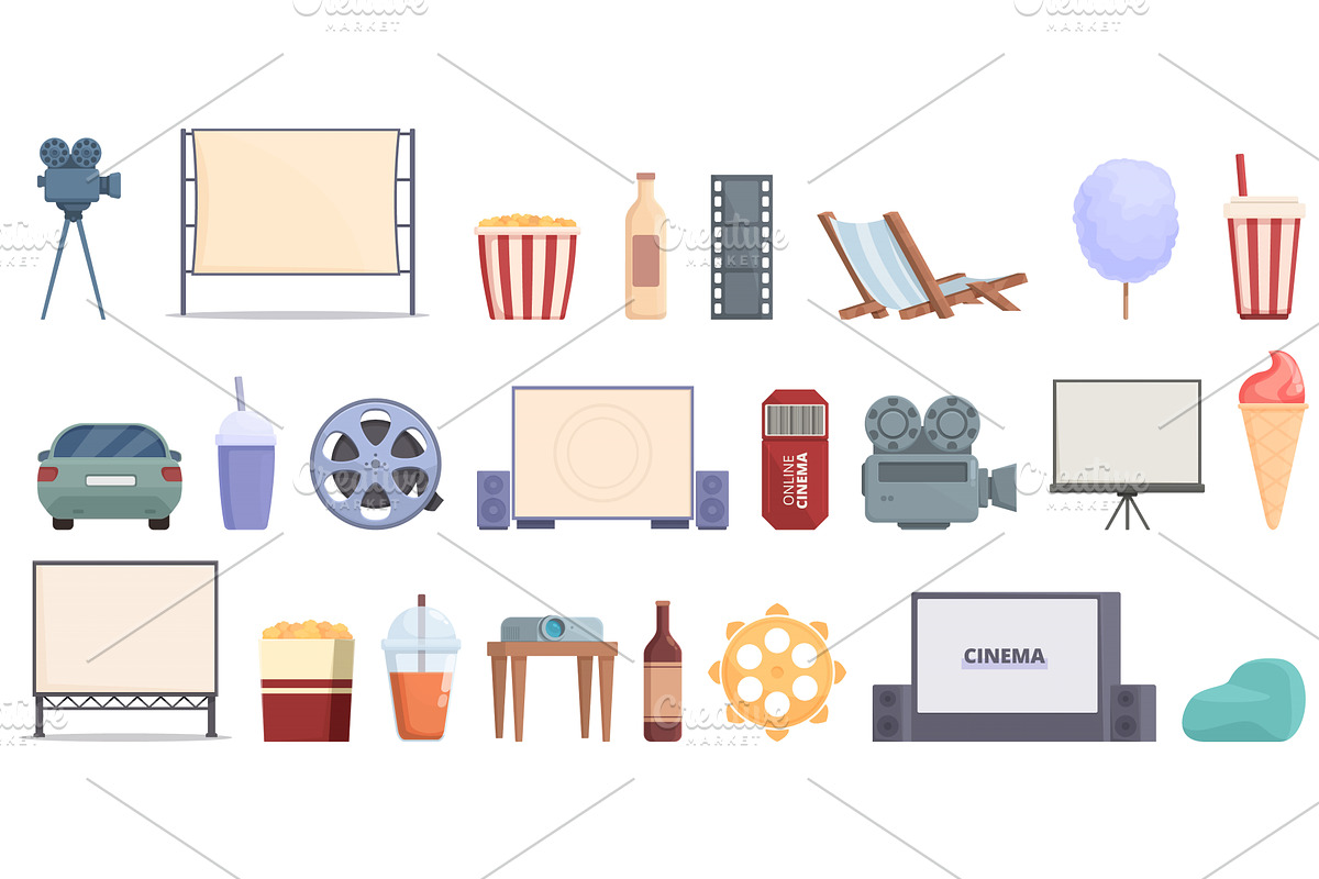 Summer cinema icons set cartoon, an Illustration by Ylivdesign