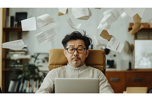 An Asian businessman works on a, a Business Photo by Sergey Kotenev