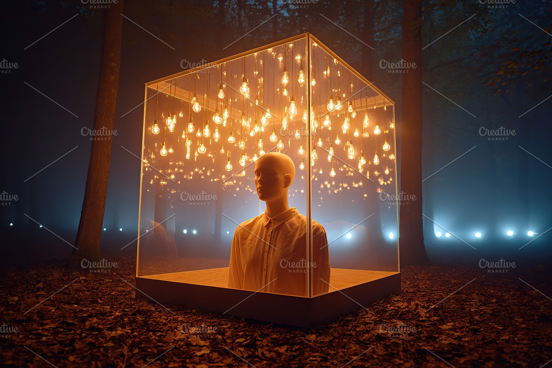 Mysterious display with mannequin and glowing bulbs in a dense forest at night, a Photo by AlyaAnd