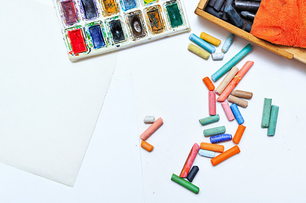 Colored pencils and paints featuring creativity, colored, and closeup, an Arts & Entertainment Photo by Elena Vagengeim
